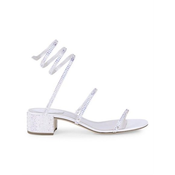 Rene Caovilla White Cleo Snake Satin Embellished 40m Twirl Crystal Sandals  EU39